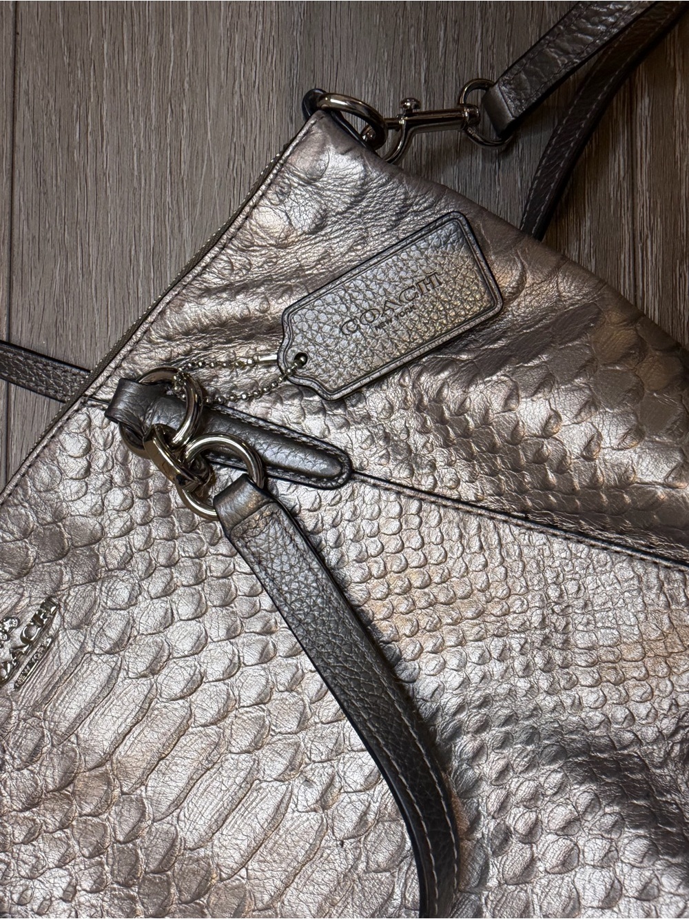 Coach Metallic Python-Embossed Shoulder Bag - Silver - Picture 8 of 11